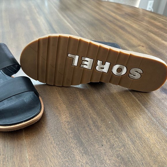 Sorel Black Leather Flat Sandals - Sz 9 - Picture 3 of 3